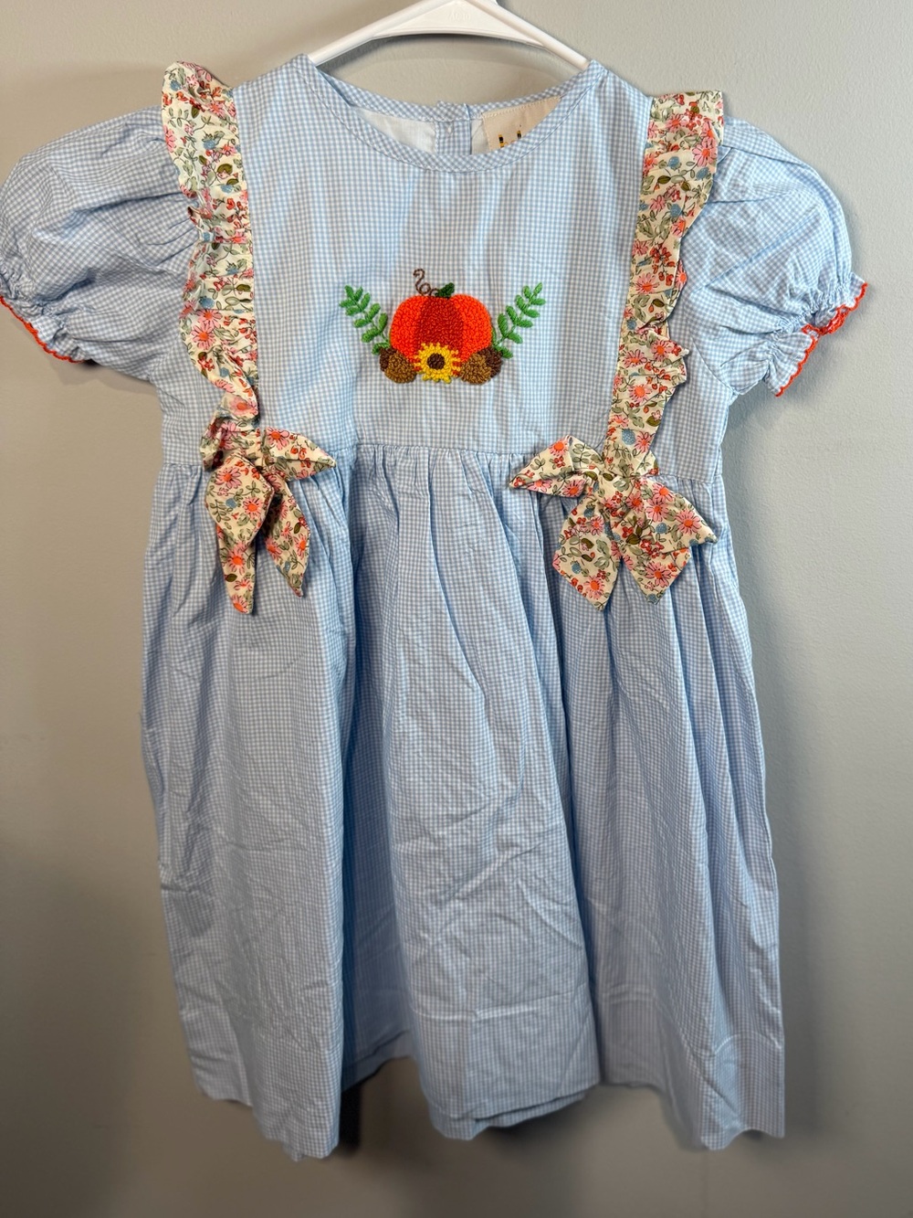 Babeeni French Knot Pumpkin Appliqué Girls' Halloween Dress Blue/White Sz 6 NWT